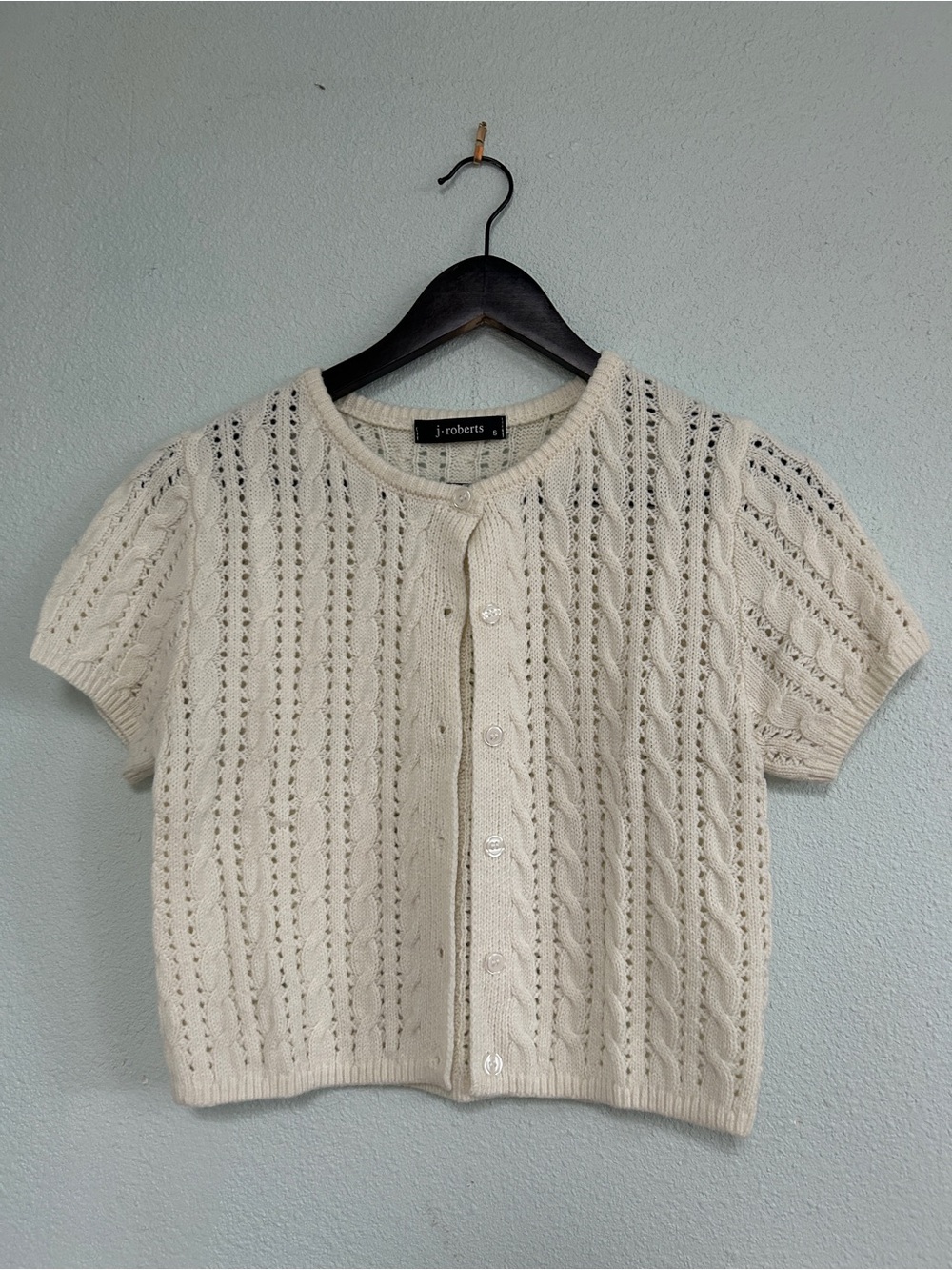 Cream Short-Sleeve Open-Knit Cardigan